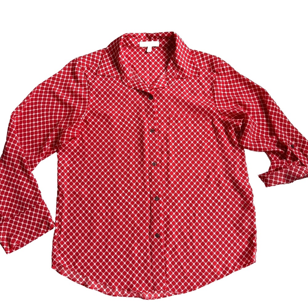 Chaus Oxford Top Women M 8 10 Red White Geometric Print Roll Tab Sleeves Work‎